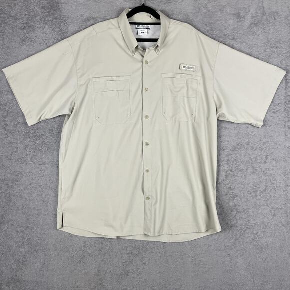 Columbia Shirt Mens XL Beige Short Sleeve Button Up Fishing Outdoor PFG Pockets - Picture 1 of 11